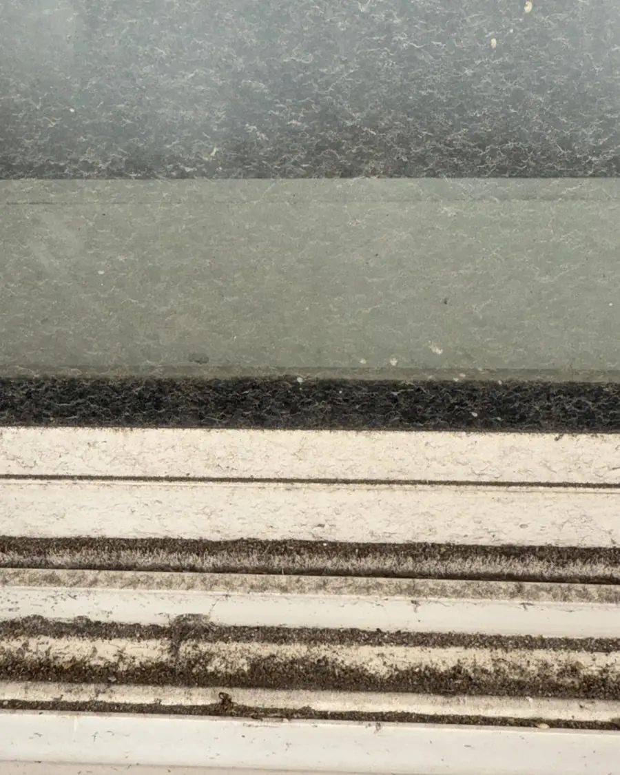A window track packed with dirt and debris