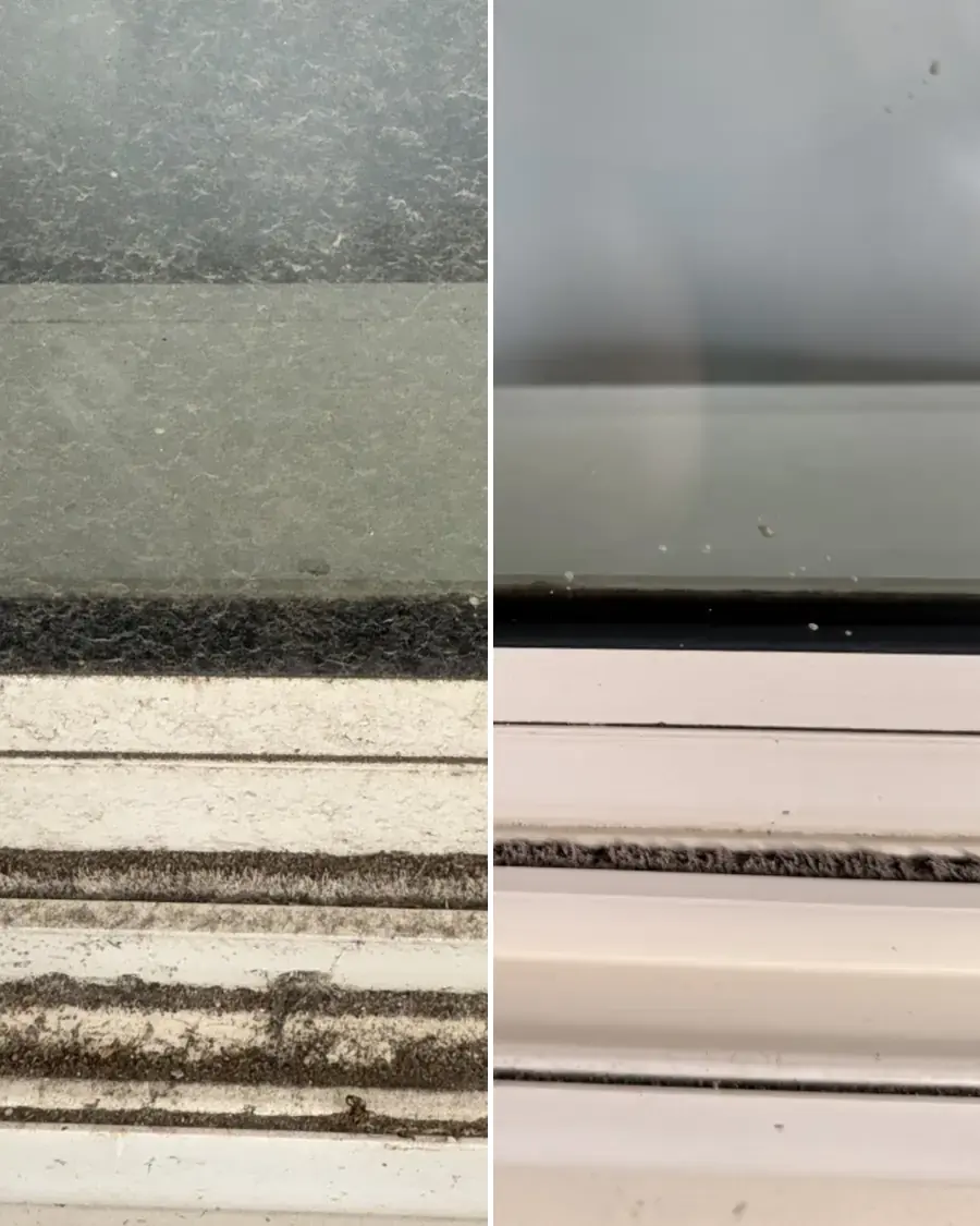 A window track packed with dirt on the left, the same track cleaned out on the right